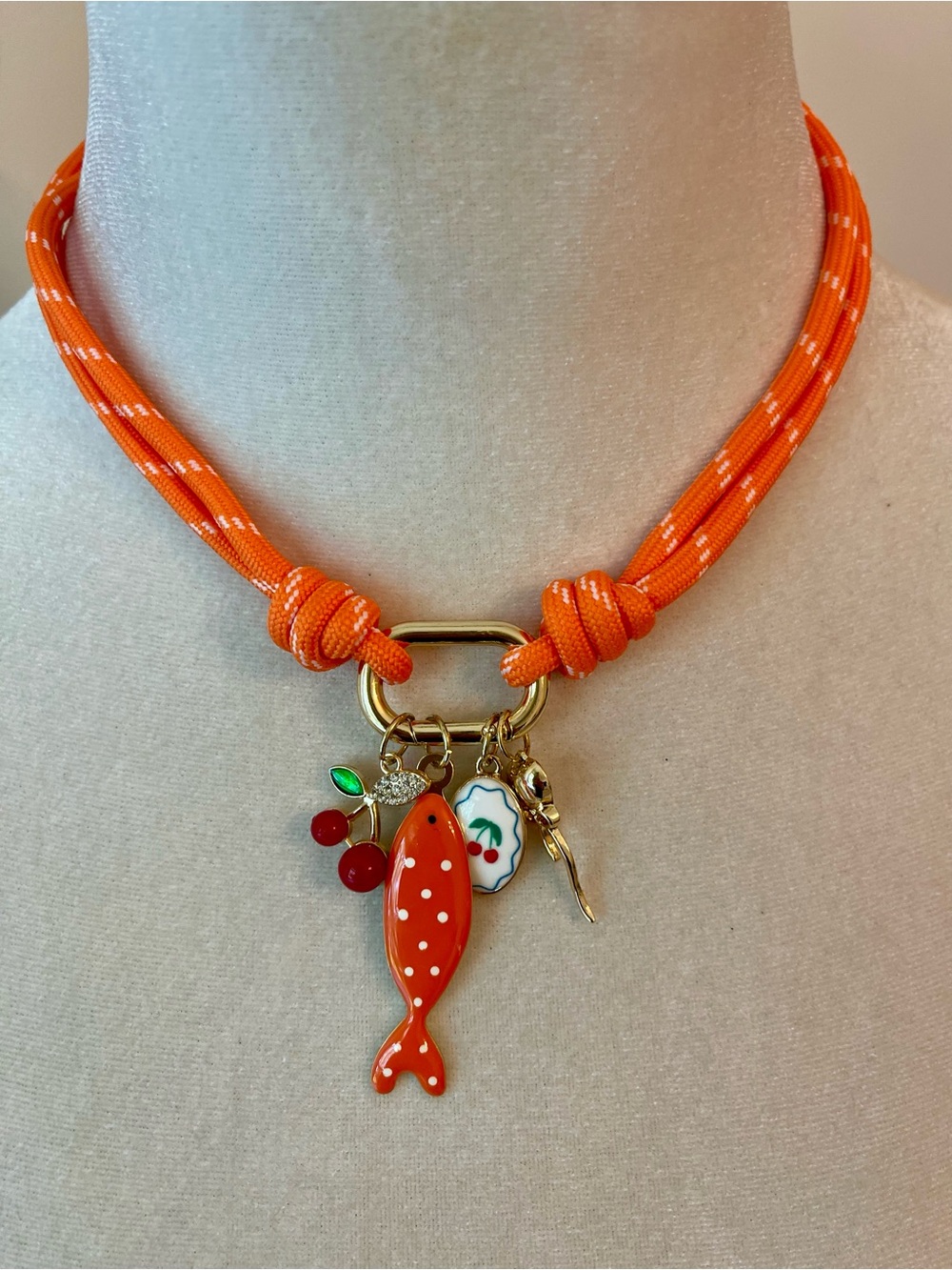 Bright Orange Sea Beach Charm Cord Necklace with Fish & Cherry Charms